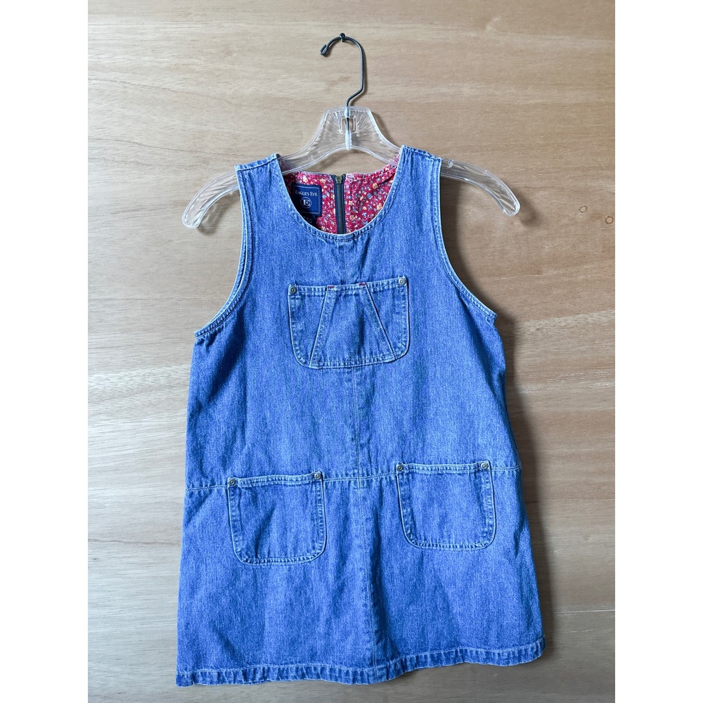 Eagles Eye Denim Jumper Dress Kids Medium (10-12) Blue Floral Lined Pockets
